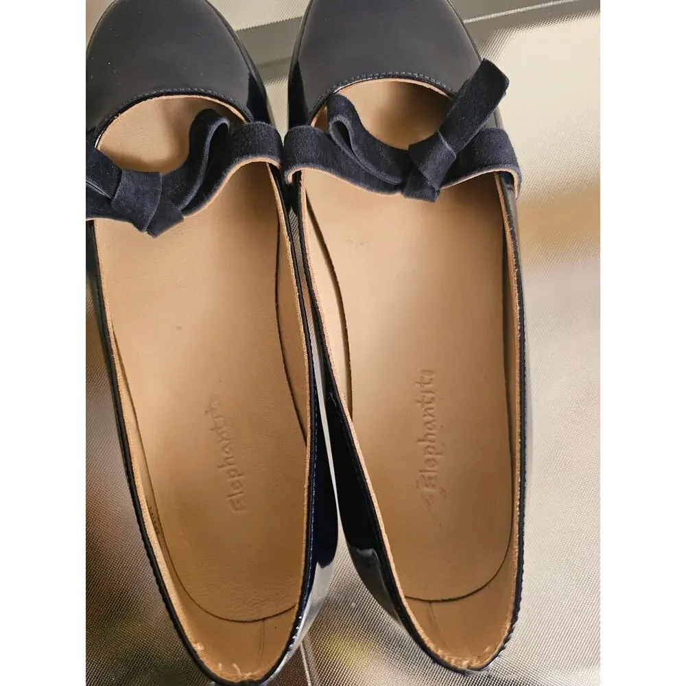 Elephantito Navy Patent Ballet Flats with Suede Bow